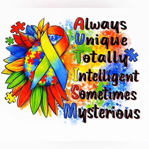 Handmade Tops - 💙Autism Awareness Rainbow Ribbon & Puzzle Sunflower Graphic Tee